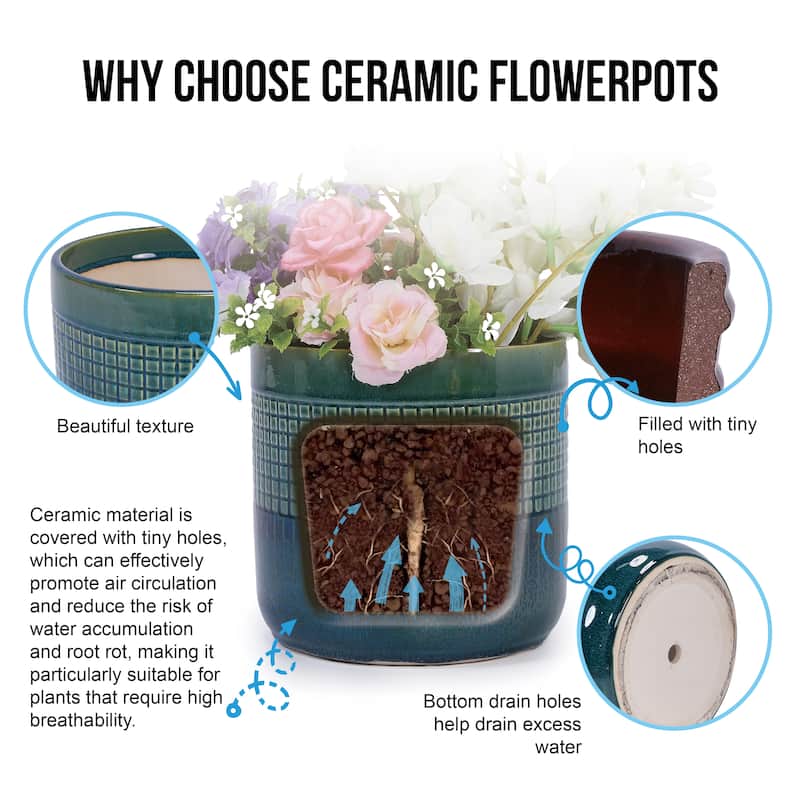 Handmade Glazed Ceramic Planter Set of 3, 10" 8" 6" Diameter, Square Grid Pattern