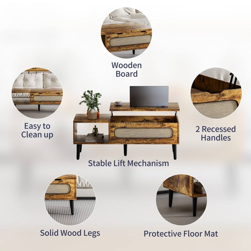 Mixoy 47" Lift Top Coffee Table with Storage and Hidden Compartment,Modern Wooden Center Table with Rattan Weaving Decoration