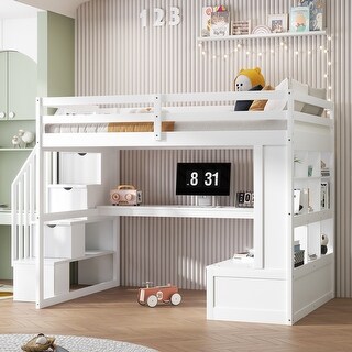 Multifunctional Design Loft Bed with Desk , Two Built-in Drawers, Storage Staircase and Shelves, Full Size, White