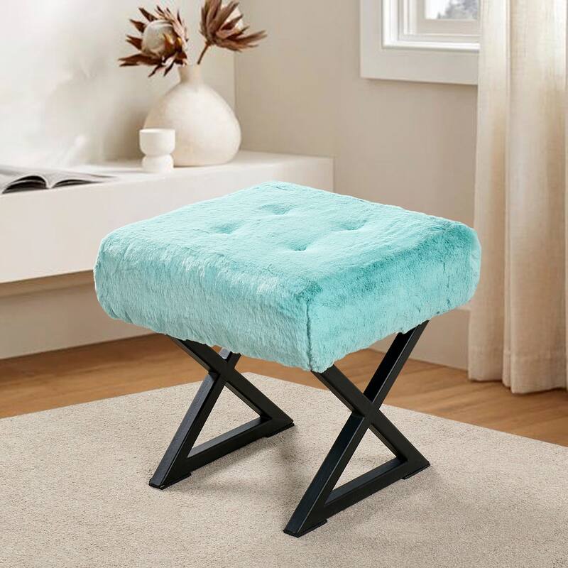 FauxFur Ottoman Vanity Stool 19"X19"X19". - 19"x19"x19" - Bleached Aqua