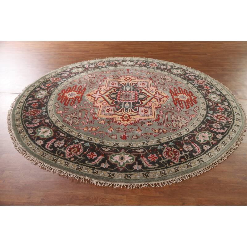Geometric Heriz Serapi Oriental Round Area Rug Handmade Wool Carpet - 7'10"x 7'11"
