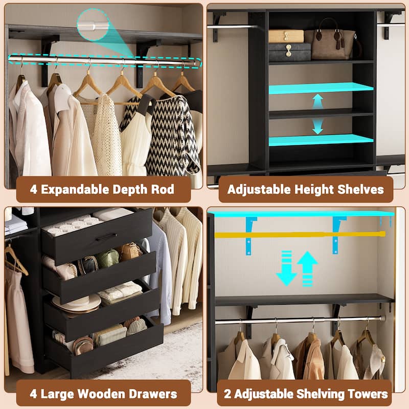 96'' Closet Organizer System with Wood Drawers, Wardrobe with Storage Shelves and 4 Hanging Rods