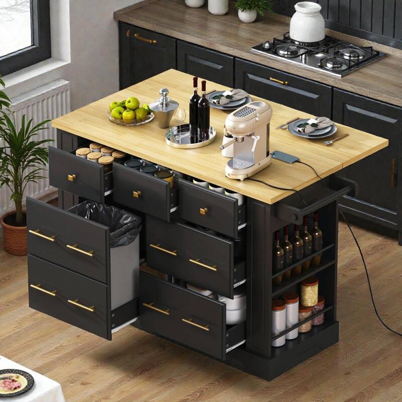 Rolling Kitchen Island with 6 Drawers, Pull-Out Trash Can Storage, Drop Leaf, Power Outlet & Side Racks