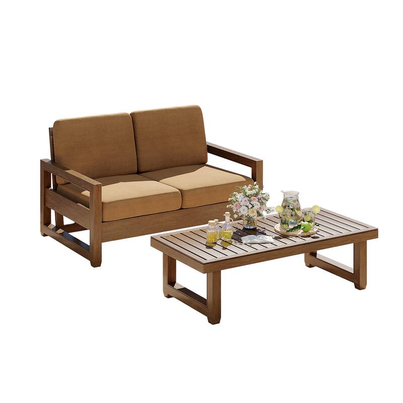 Teak Loveseat Patio Set with Cushions and Table (2-Piece)