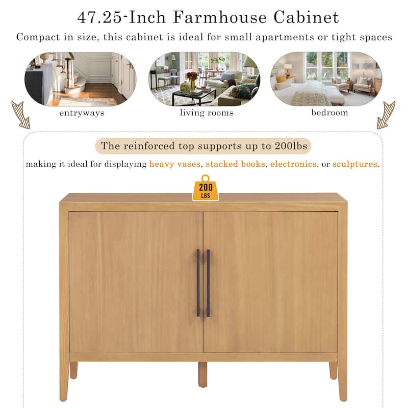 47.25"Sideboard with Pine Veneer and 2 Doors, Retro Buffet with Adjustable Feet, Wooden Storage Cabinet with Metal Handles