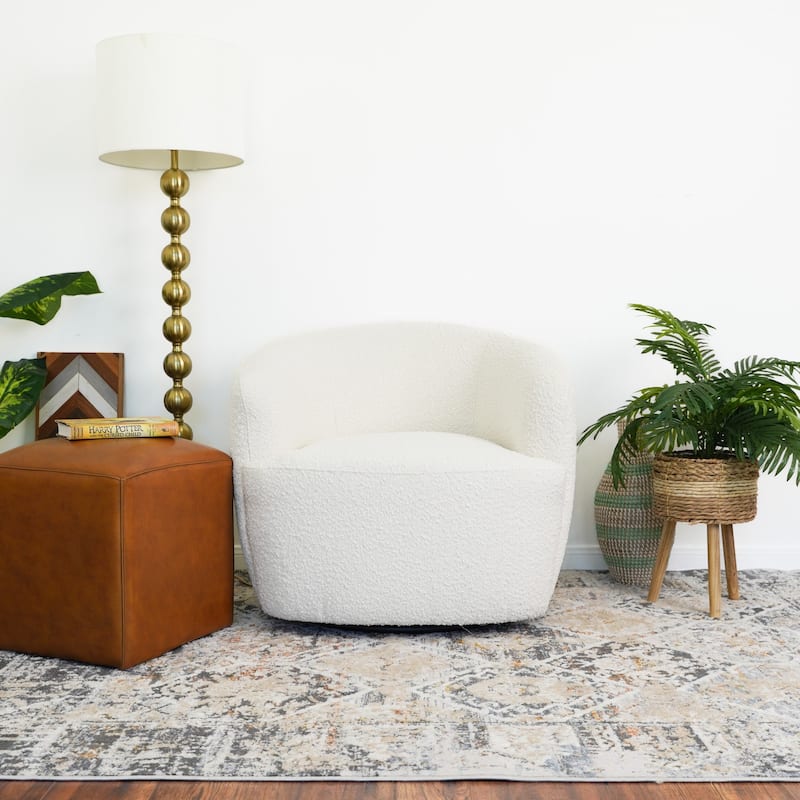 GDFStudio - Mina Modern Boucle Swivel Accent Chair with 360° Base & Round Arms - 32"W - 32"W - White