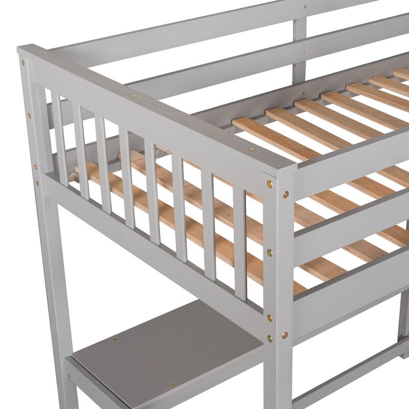 Full Size Loft Bed with Built-in Desk and Storage Shelves, White
