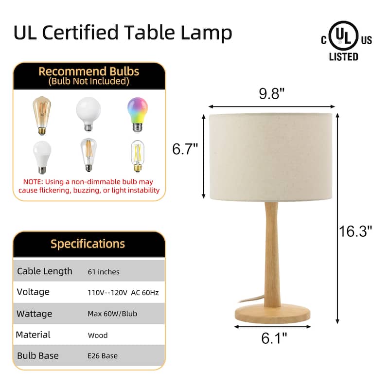 16.3" Modern Table Lamp with Natural Wood Base, Linen Fabric Drum Shade for Bedroom, Living Room, Nightstand