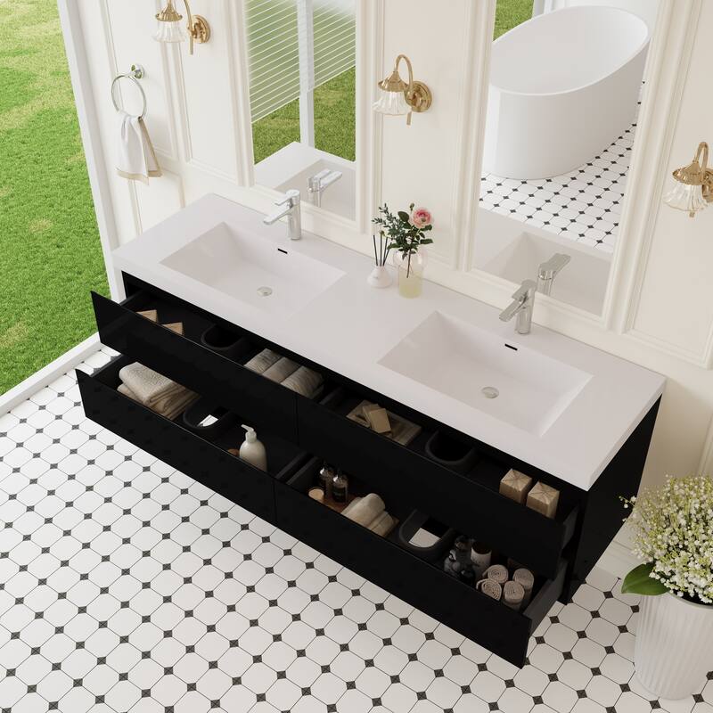 Modern Wall-Mounted Bathroom Vanity with White Solid Surface Top