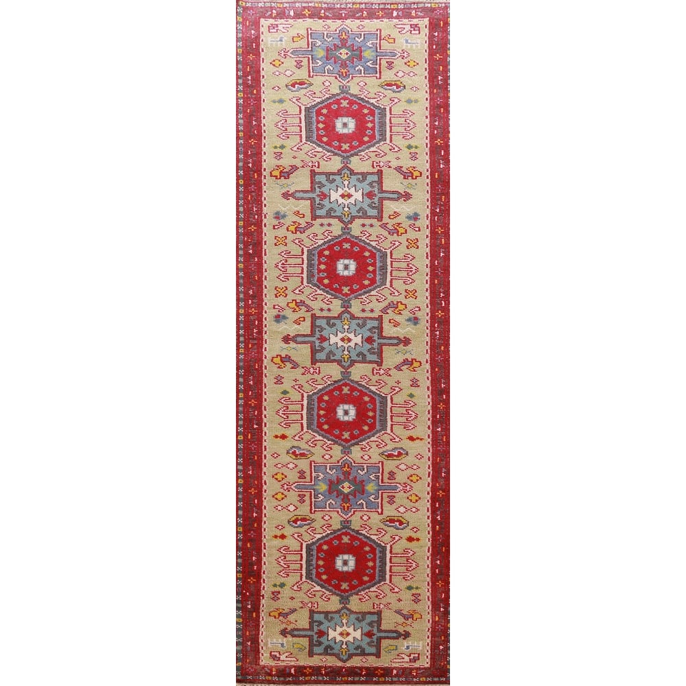 Hand Knotted Oriental 100% Wool Carpet Transitional Geometric Green Khotan Runner Rug - 9' 11'' X 2' 6''