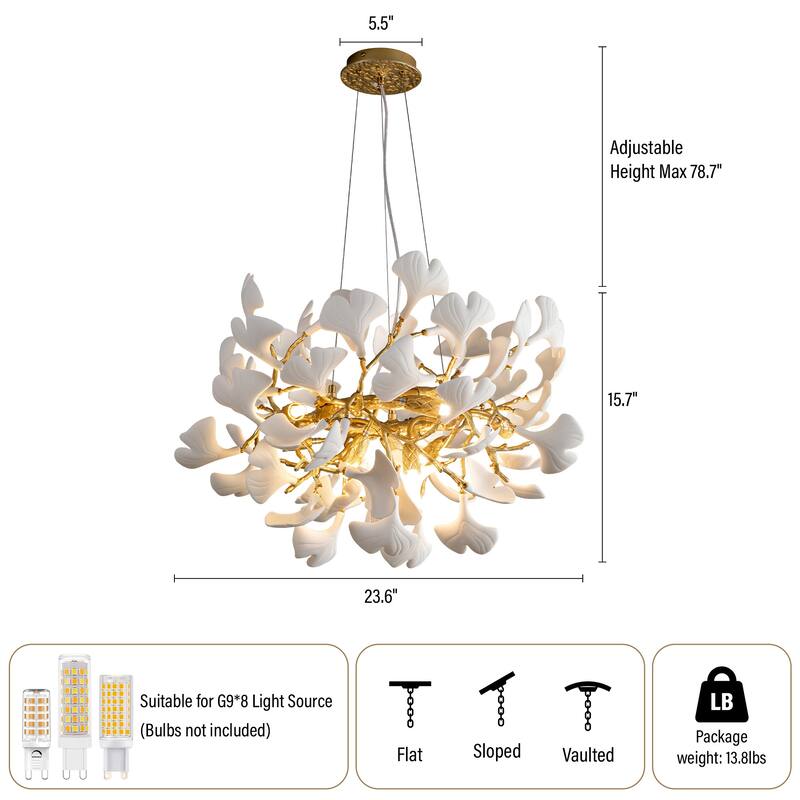 Modern Ginkgo Leaf Ceramic Chandelier, Moon Ring Round Pendant Light, D550-D1200, Gold Finish