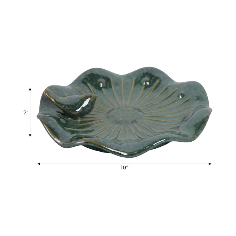 Stoneware Flower Birdbath Perched Bird in Glaze Finish - 10" Green - 10" x 10" x 2"
