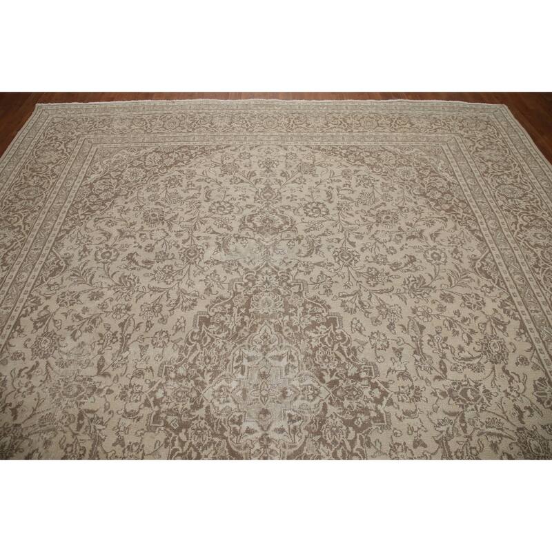 Hand Knotted Oriental 100% Wool Carpet Traditional Floral Beige & Ivories Mashad Area Rug - 12' 4'' X 9' 6''