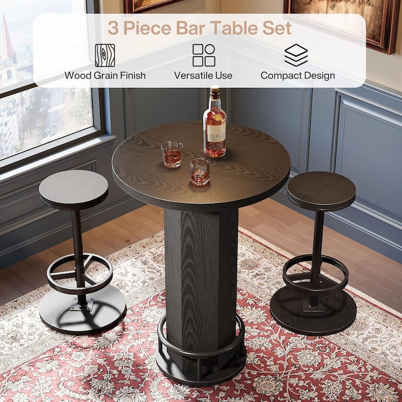 Industrial Round Bar Table with 2 barstools, Pub Table for Kitchen Nook, Apartment, Small Space