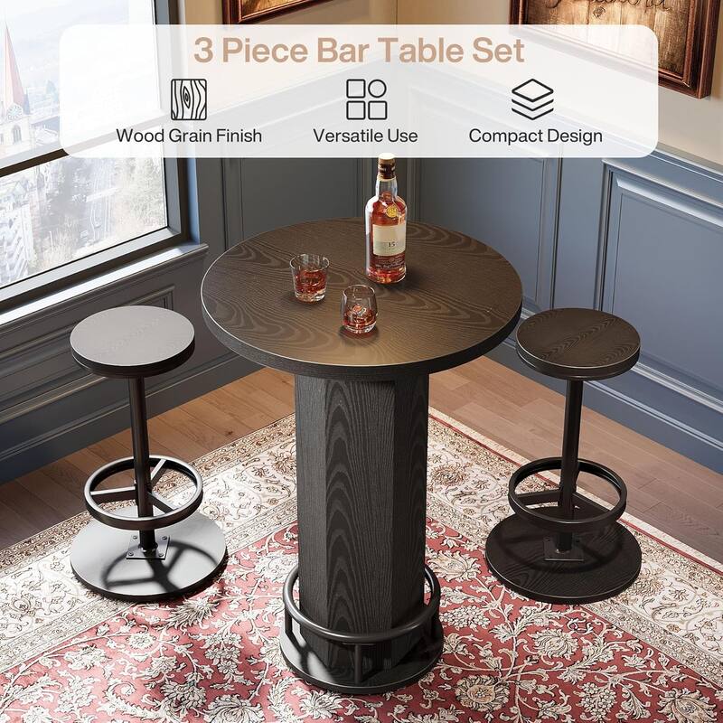 Round Bar Table with Chairs, Industrial Bistro Pub Sets with 2 barstools - 11.42" L x 11.42" W x 25.59" H