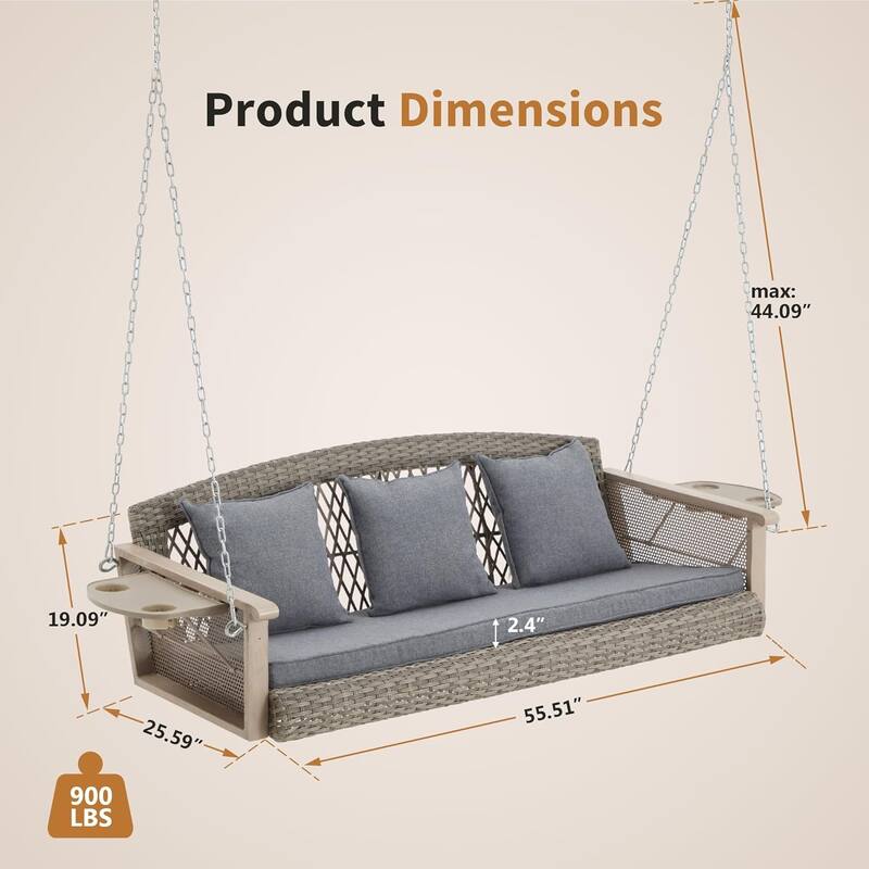3-Seat Outdoor Porch Swing with Cushions, 900 LBS Capacity, Hanging Chains for Deck, Backyard, Lawn