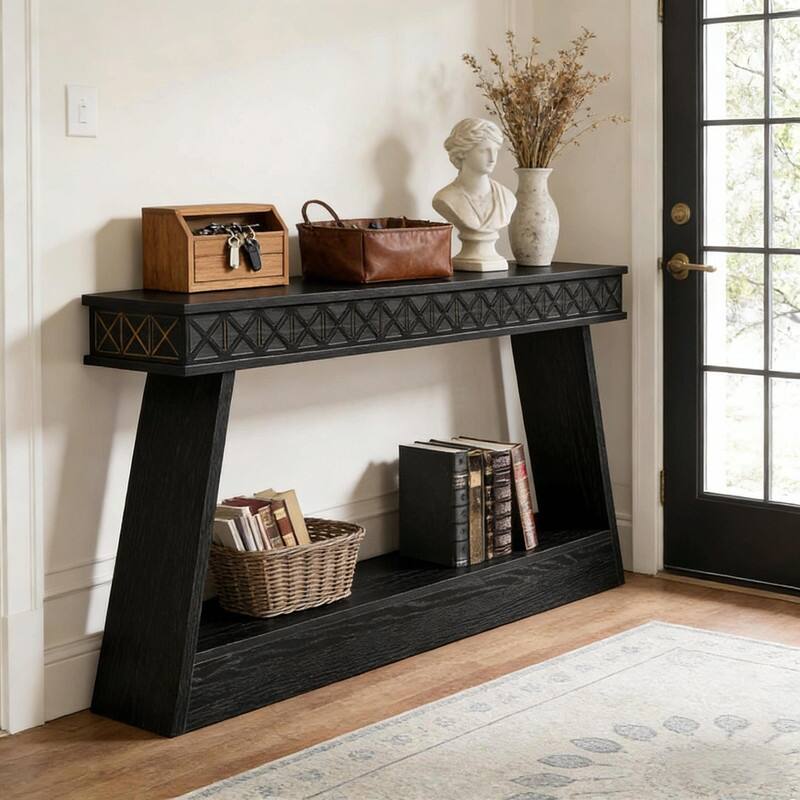 70.87" Rustic Farmhouse Sofa Table with Two Tiers and Open Shelves