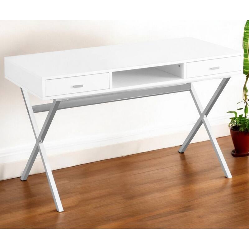 White Wood Computer Desk with Silver Metal Base, 2 Drawers and Glossy Finish