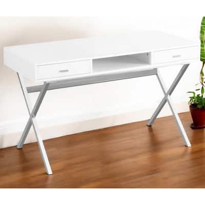 White Wood Computer Desk with Silver Metal Base, 2 Drawers and Glossy Finish
