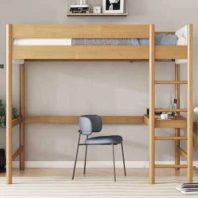 Loft Bed with Desk, Upholstered Loft Bed Frame with Ladder