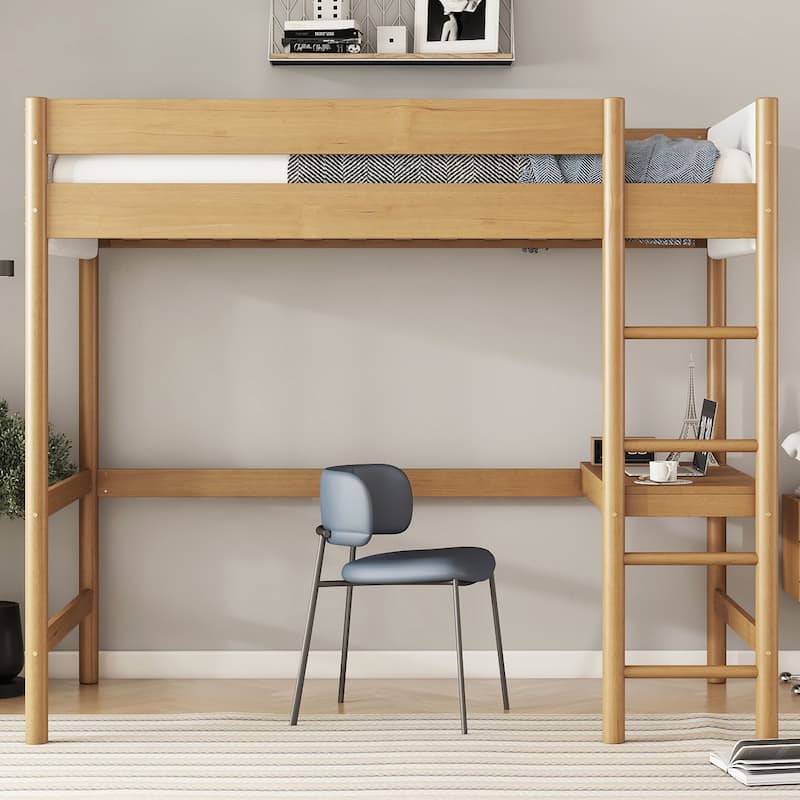 Twin Size Loft Bed with Desk, Boucle Upholstered Headboard and Footboard with Ladder, Safety Guardrails