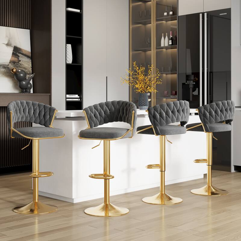 2/4 Set Velvet Adjustable Counter Stools Swivel Bar Stools With Backs - 24"-33" - Set of 4 - Grey set of 4