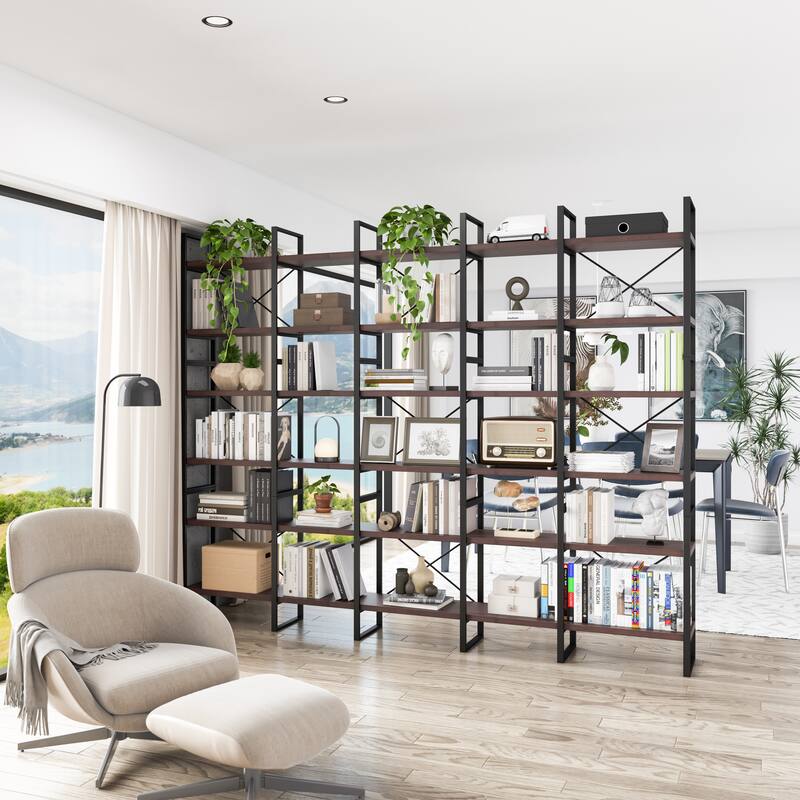 Davee Dark Walnut Color 6-Tiers Room Divider Bookcase - 85" H x 106" W x 12.6" D - Dark Walnut - 85" H x 106" W x 12.6" D