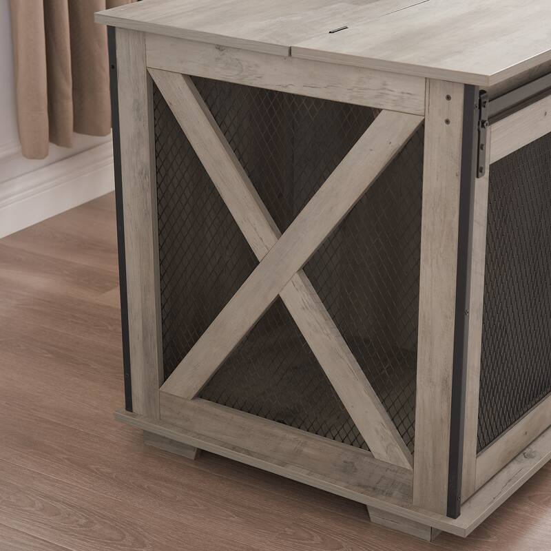Flip-Top Plate Dog House Dog Cage Crate Furniture with Sliding Barn Door, Dog Kennel End Table with Detachable Divider