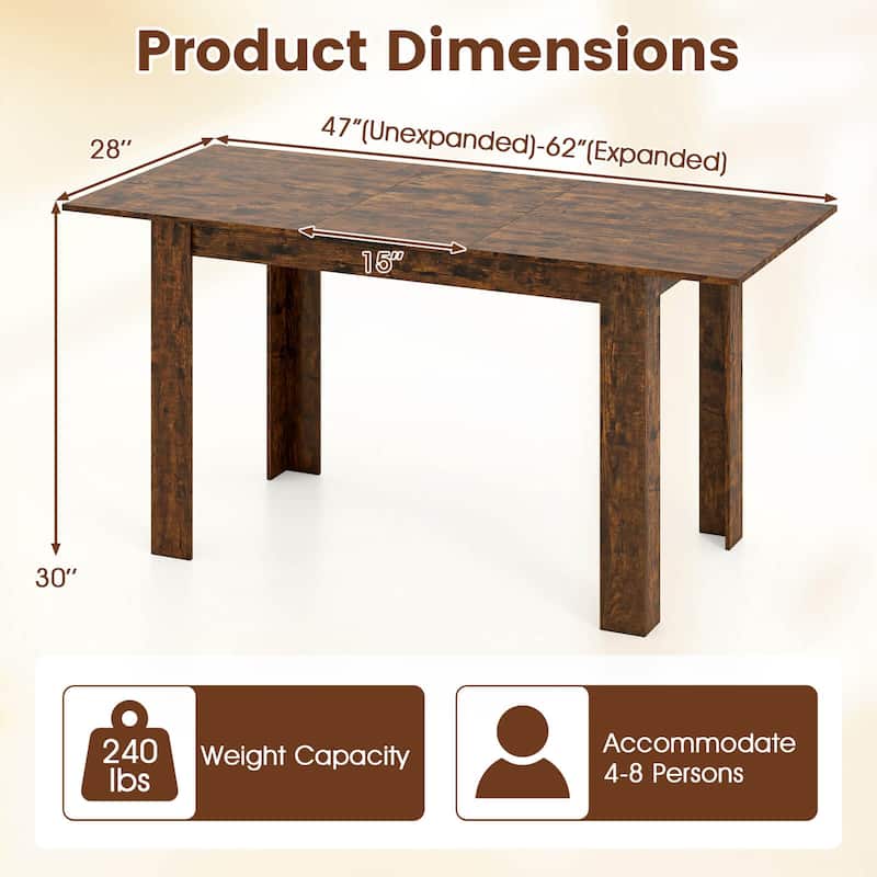 Costway 47”-62” Extendable Dining Table for 4-8 People for Dining Room - See Details