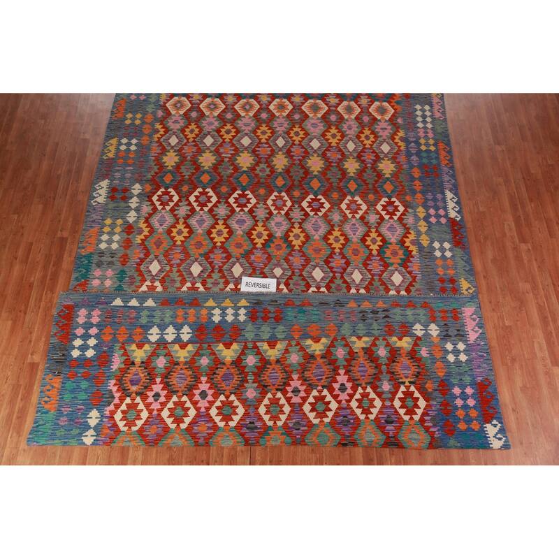 Geometric Kilim Oriental Large Rug Flatweave Dining Room Wool Carpet - 9'10"x 16'1"