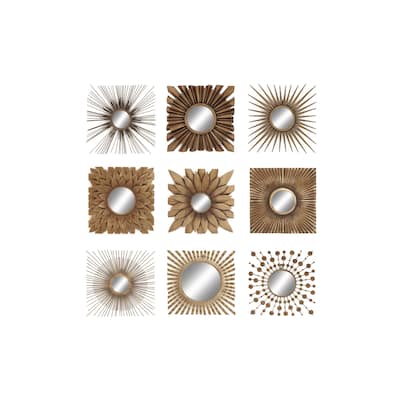Metal Wall Mirror - Set of 9 Gold - Roche River Decor - 2"W x 17"L x 17"H