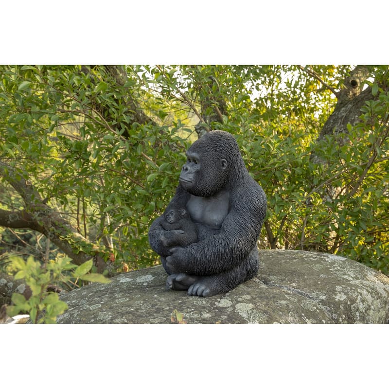 15.75" Sitting Mother Gorilla with a Baby Outdoor Garden Statue