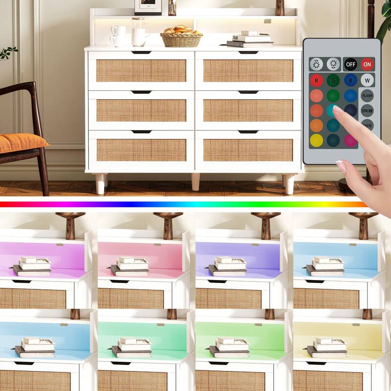 White Rattan Drawer Storage Cabinet with LED Lights and Power Outlet, Great for Bedroom and Living Room, 43.31" Size