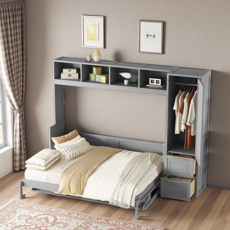 Full Size Murphy Bed with Storage Cabinet, Closet, and Drawers, Space-Saving Wall Bed in Gray, Multi-Functional Design - Queen Gray - Queen