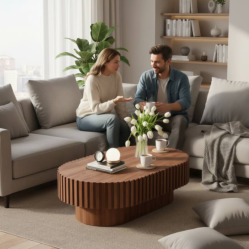 Oval Coffee Table for Living Room, Mid Century Modern Wooden Table with Pedestal, Unique Drum Tea Table Side Center Table