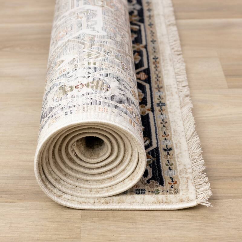 Santiago Collection - Cream Grey Rust Tranditional Tassled Area Rug, 5'3" x 7'10"
