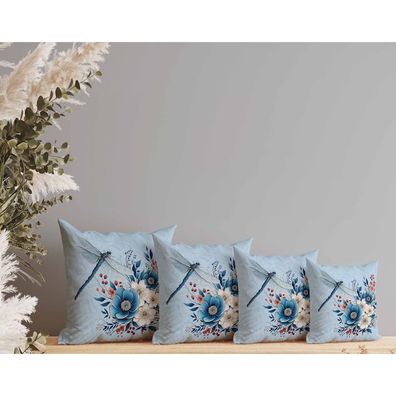 Dragonfly Haven Indoor/Outdoor Reversible Throw Pillow Blue and Cream