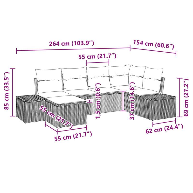vidaXL 7 Piece Garden Sofa Set with Cushions Black Poly Rattan - 24 x 72 x 33 in