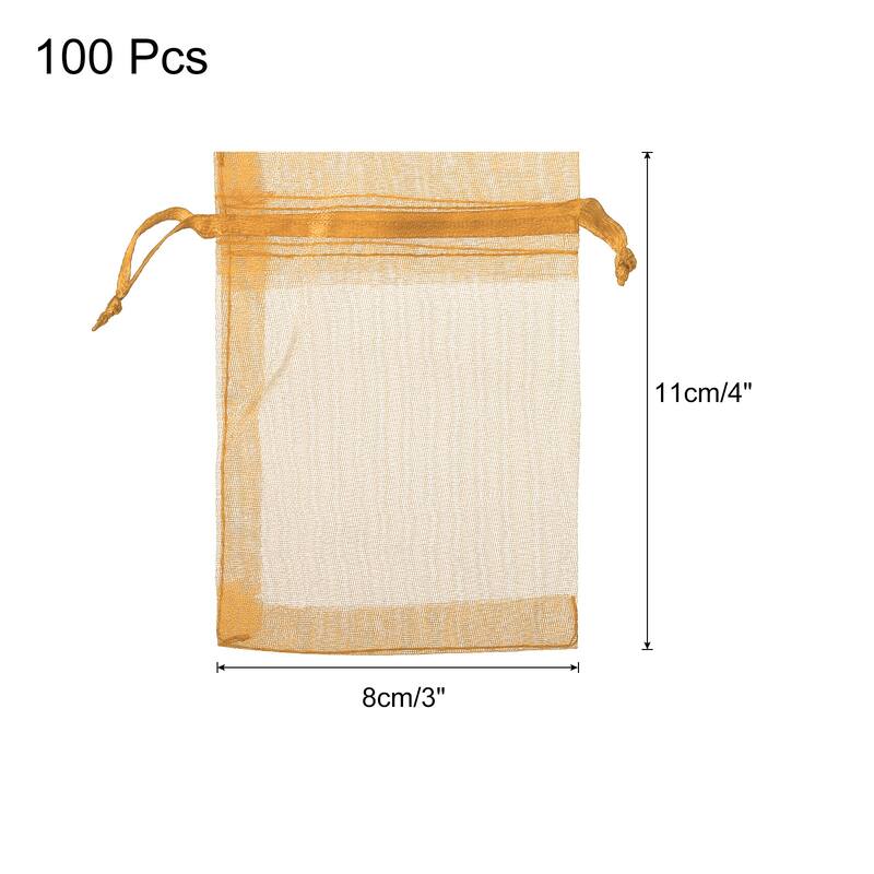 100pcs Organza Bags Drawstring Favor Pouches Sheer Mesh Bag for Party - Gold - 3 inch x 4 inch