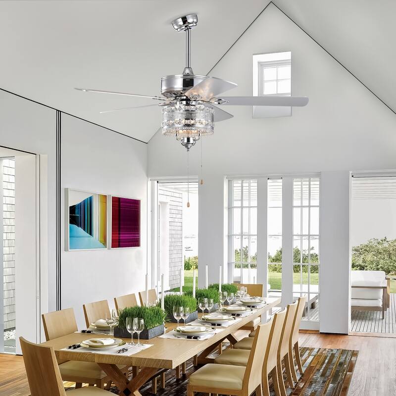 52'' Classical Crystal Ceiling Fan Lamp 5 Reversible Blades,Chrome(Hand Pull Chain)