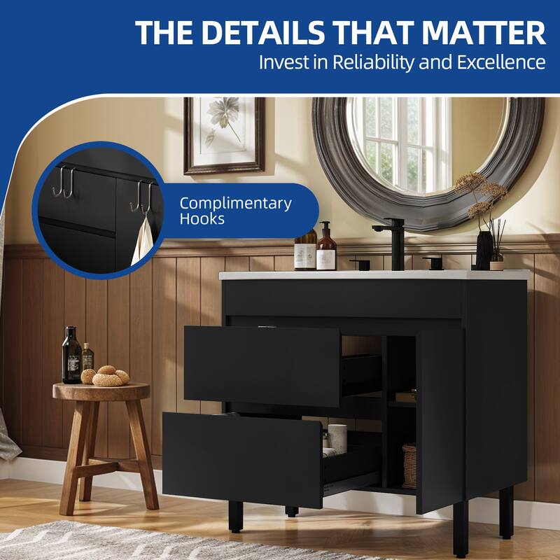 Moasis 37" Freestanding Single Bathroom Vanity with 1 Soft Closing Cabinet & 2 Drawers