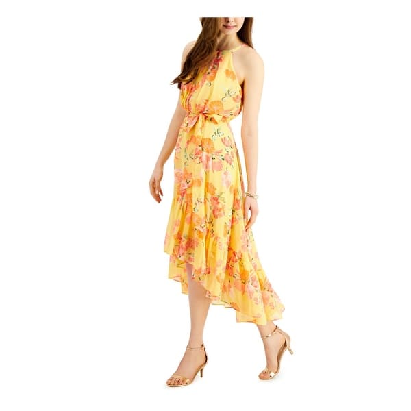 Vince Camuto Women's Zippered Sheer Tie Belt Lined Floral Sleeveless Halter  Midi Party Fit Flare Dress Yellow Size 12 - Bed Bath & Beyond - 40567022