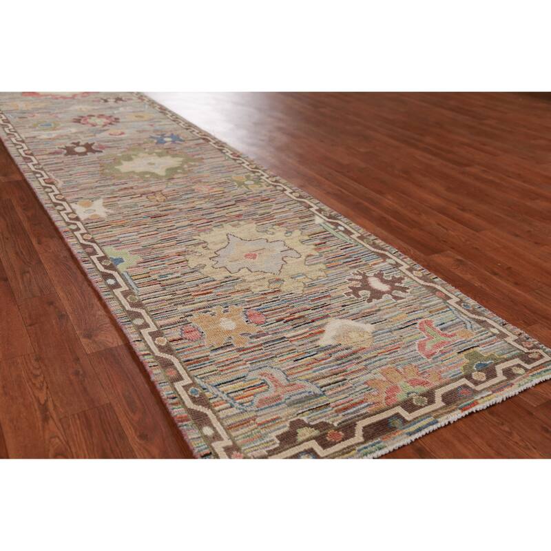Hand Knotted Oriental 100% Wool Carpet Transitional Floral Multi-Colored Oushak Runner Rug - 19' 11'' X 2' 7''