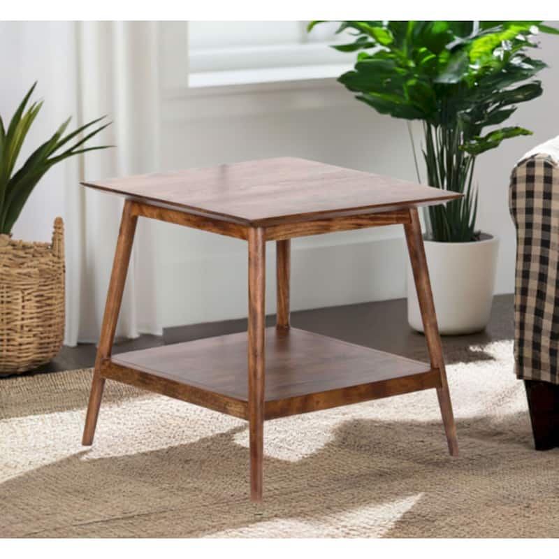 Solid Acacia Wood End Table with Shelf