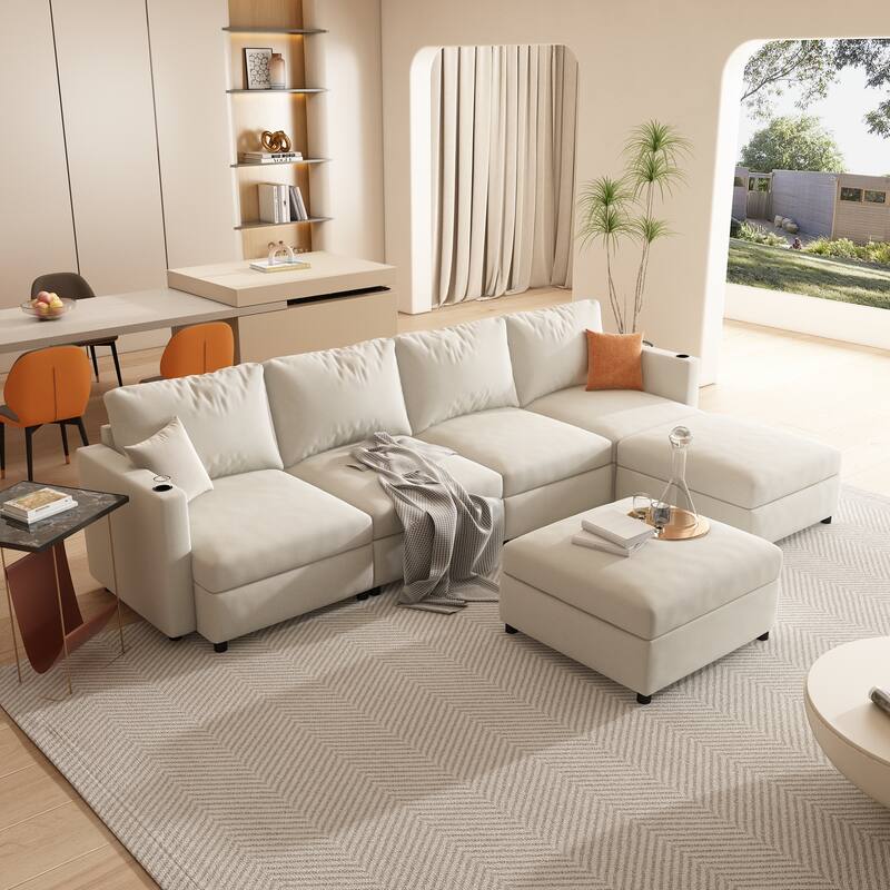Oversized Sectional Sofa Set, Convertible L Shaped Couch Sofa Bed with Storage, 6 Seater Modular Sofa with Ottomans and Chaise