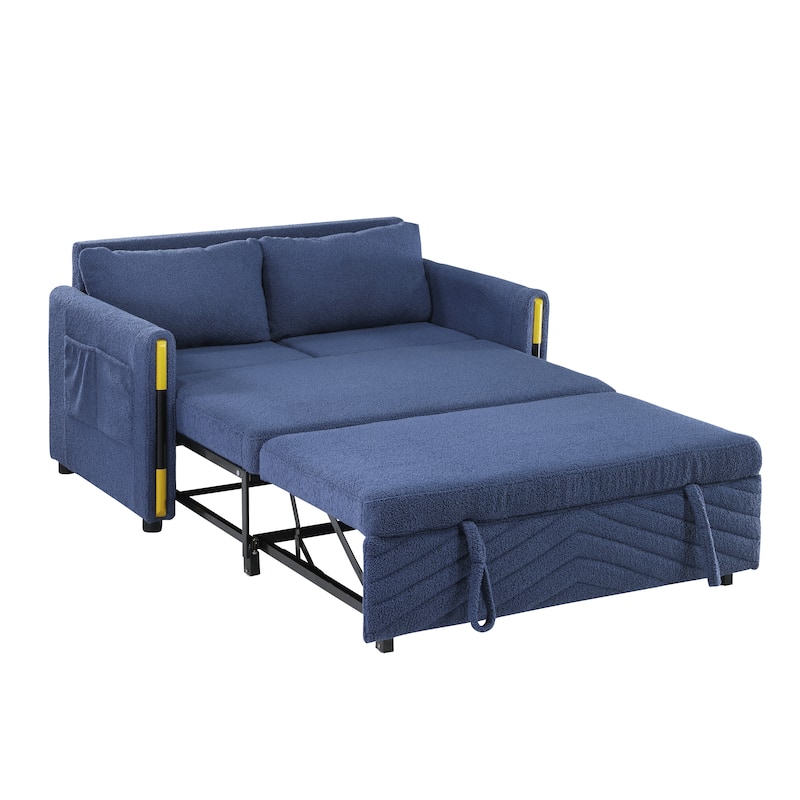 55.5"W Beige Teddy Velvet Sleeper Loveseat With Dual-Pull Sleeper Design