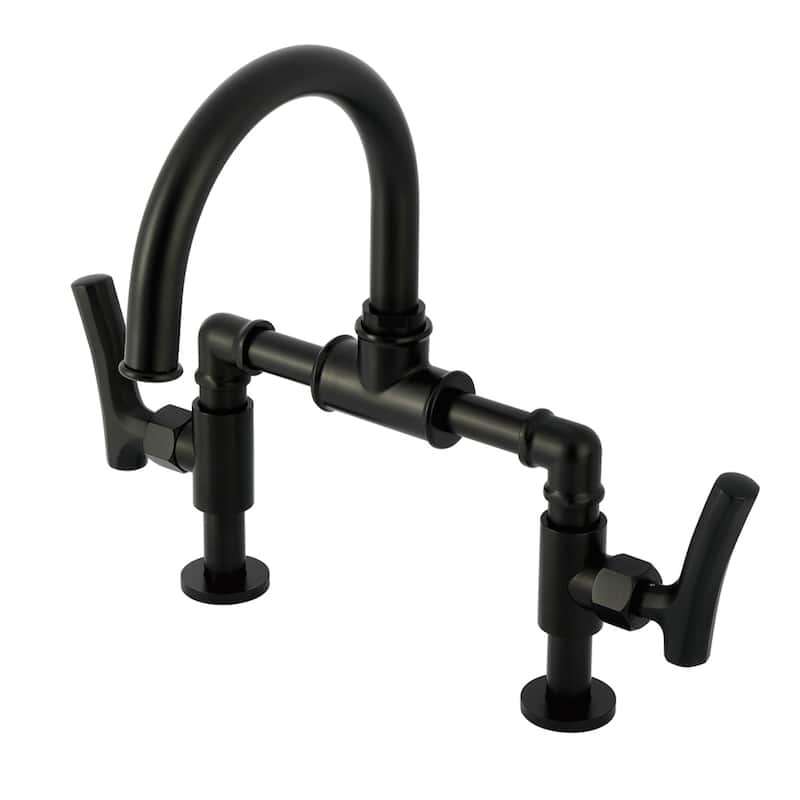 Kingston Brass Hallerbos Two-Handle 4-Hole Deck Mount Bridge Bathroom Faucet with Brass Pop-Up Drain - Matte Black