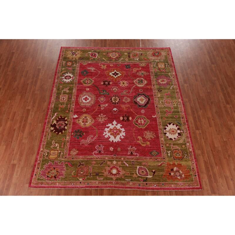 Hand Knotted Oriental 100% Wool Carpet Transitional All-Over Pink Oushak Area Rug - 9' 8'' X 8' 0''