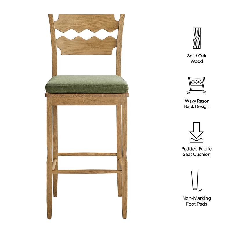 Jax Oak Wood Bar Stool With Wavy Razor Back and Cushion