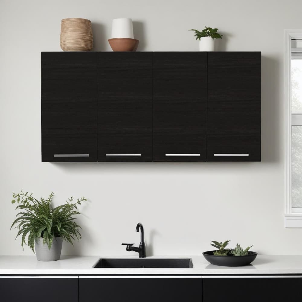 HomeRoots 47" Black Wood Wall Mounted Accent Cabinet With Four Doors